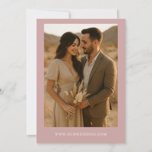 Dusty Roos Boho Minimalistische Fotobruiloft Kaart (Achterkant)