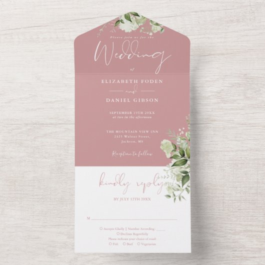 Dusty Roos Botanical Greenery Monogram Wedding All In One Uitnodiging (Binnen)
