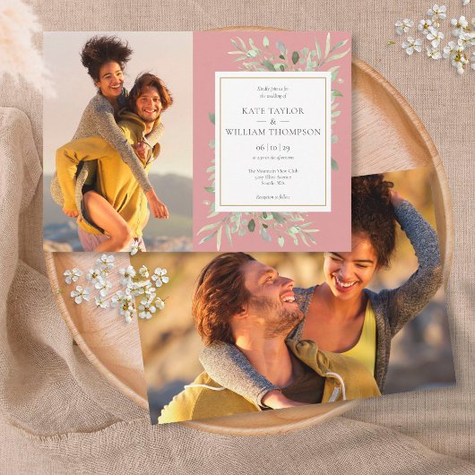 Dusty Roos Botanical Greenery Photos Wedding Kaart