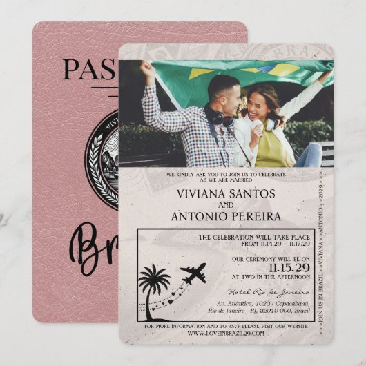 Dusty Roos Brazil Passport Wedding Invitation Kaart (Voorkant / Achterkant)