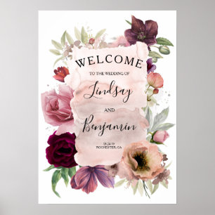 Dusty Roos & Burgundy Floral Wedding Welcome Sign Poster