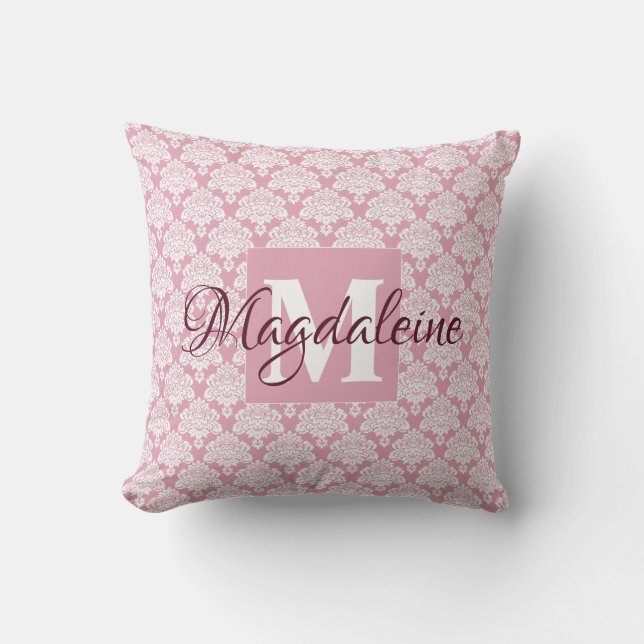 Dusty Roos Damask Pillow met monogram & naam Kussen (Voorkant)