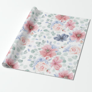 Dusty Roos Dusty Blue Floral Pattern Elegant Cadeaupapier