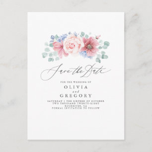Dusty Roos en Dusty Blue Floral Save the Date Aankondigingskaart