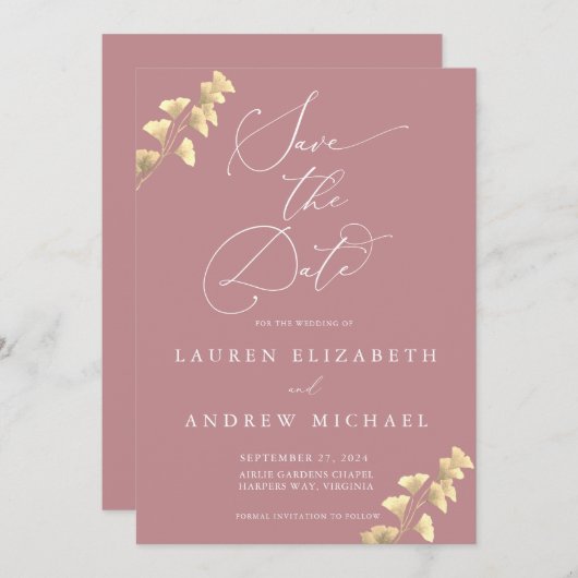 Dusty Roos en Gold Save the Date Invitation Kaart (Voorkant / Achterkant)