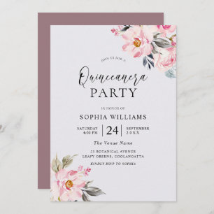 Dusty Roos Floral Blush Pink Quinceanera Party Kaart