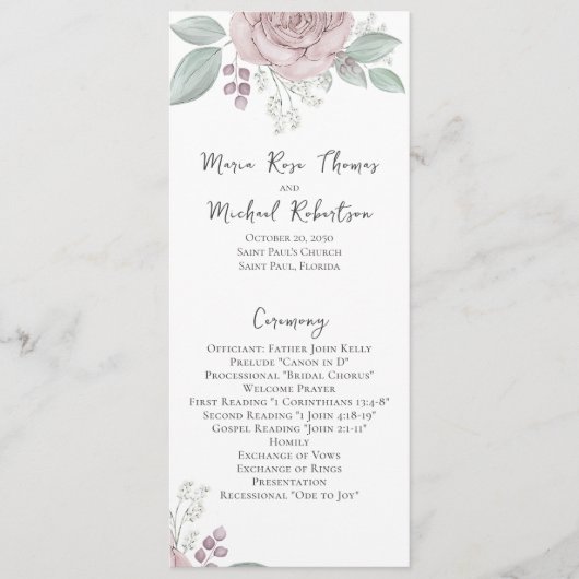 Dusty Roos Floral Elegant Flower Ceremony Programm Programma (Voorkant)