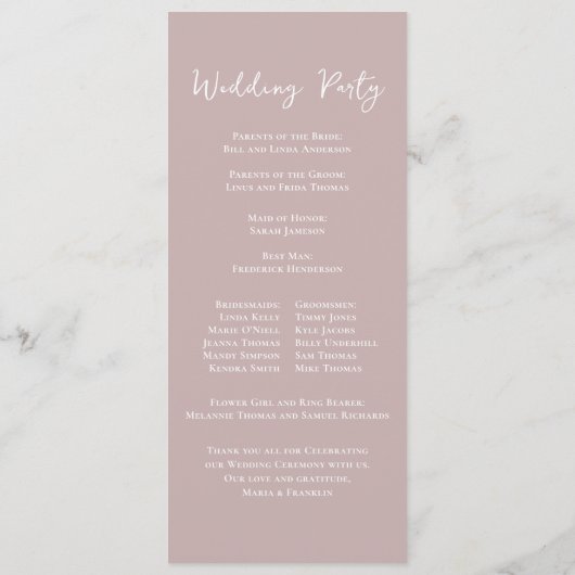 Dusty Roos Floral Elegant Flower Ceremony Programm Programma (Achterkant)