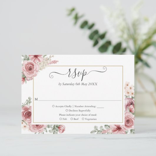 Dusty Roos Floral Elegant Script RSVP Kaartje (Staand voorkant)
