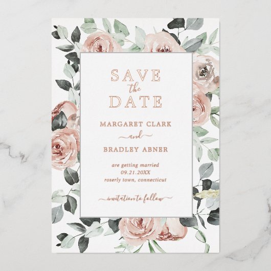 Dusty Roos Floral Elegant Wedding Save The Date Folie Uitnodiging (Voorkant)
