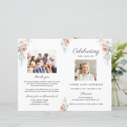 Dusty Roos Floral Funeral Service Photo-programma (Staand voorkant)