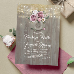 Dusty Roos Floral Mason Jar Rustic Wedding Kaart
