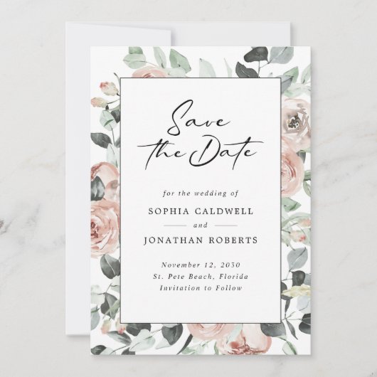 Dusty Roos Floral Modern Calligraphy Wedding Save The Date (Voorkant)