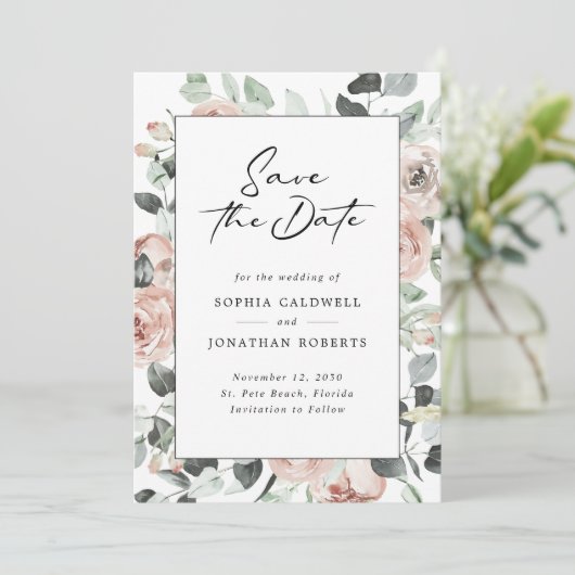 Dusty Roos Floral Modern Calligraphy Wedding Save The Date (Staand voorkant)