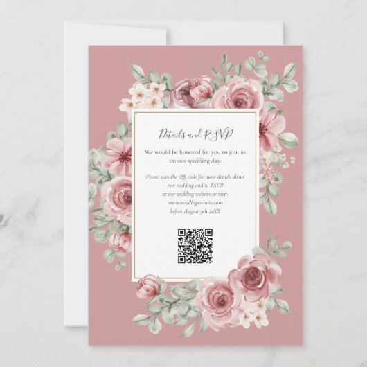 Dusty Roos Floral QR Code Bruiloft Kaart (Achterkant)