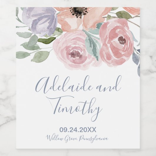 Dusty Roos Florals Wedding Wijn Etiket (Enkel label)