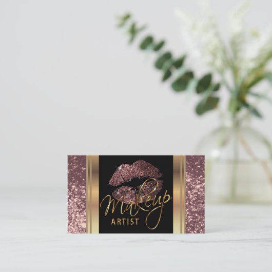 Dusty Roos Glitter Lips and Elegant Gold Script Visitekaartje (Staand voorkant)