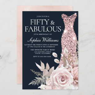 Dusty Roos Gold Blush Dress Floral 50th Birthday Kaart