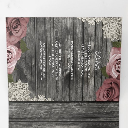 Dusty Roos Grey Wood Trivoudig Weddenschap Drieluik Uitnodiging (Binnenzijde eerst)