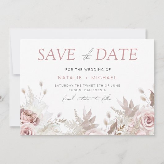 Dusty Roos & Ivory Boho Floral Blush Wedding Save The Date (Voorkant)
