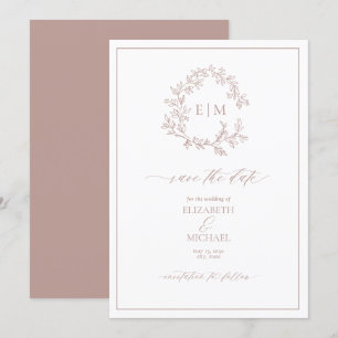 Dusty Roos Leafy Crest Monogram Save the Date Kaart