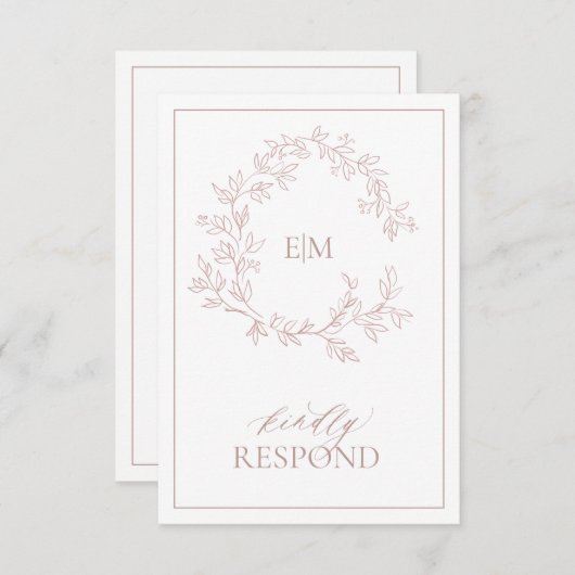 Dusty Roos Leafy Crest Monogram Weddenschap RSVP-k RSVP Kaartje (Voorkant / Achterkant)