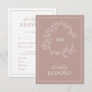 Dusty Roos Leafy Crest Monogram Weddenschap RSVP-k RSVP Kaartje