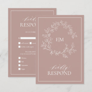 Dusty Roos Leafy Crest Monogram Weddenschap RSVP-k RSVP Kaartje