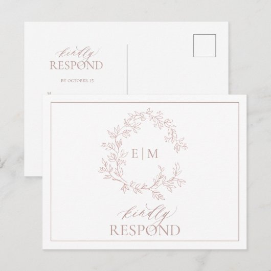 Dusty Roos Leafy Crest Monogram Weddenschap RSVP Uitnodiging Briefkaart (Voorkant / Achterkant)