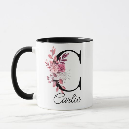 Dusty Roos Mauve Bloemenletter C Monogram Mok (Links)