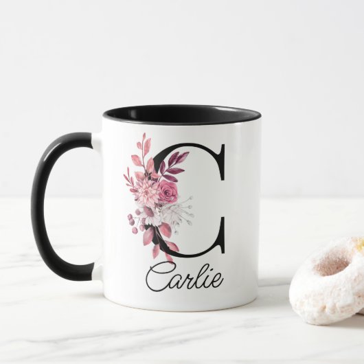 Dusty Roos Mauve Bloemenletter C Monogram Mok (Met donut)