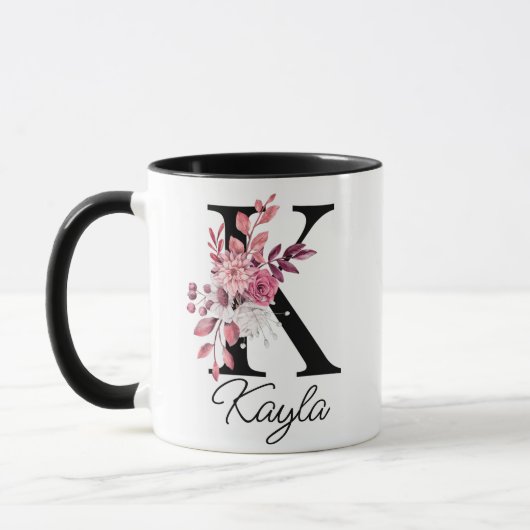 Dusty Roos Mauve Bloemenletter K Monogram Initiaal Mok (Links)