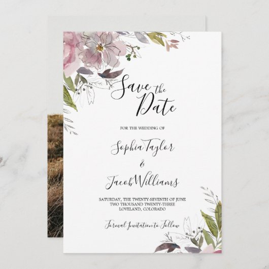 Dusty Roos Mauve Floral Greenery Foto Weddenschap Save The Date (Voorkant / Achterkant)