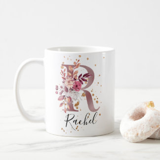 Dusty Roos Mauve Pink Floral Monogram letter R Koffiemok