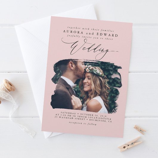 Dusty Roos Modern Boho Wedding Foto Uitnodiging