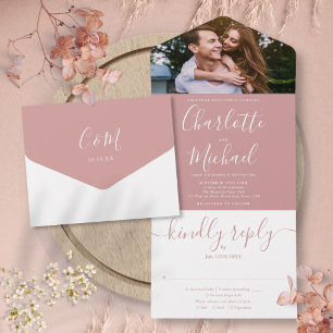 Dusty Roos Modern Elegant Script Photo Weduwen All All In One Uitnodiging