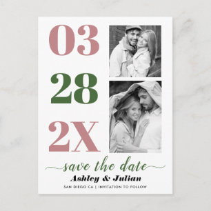Dusty roos, moss green twee foto Save the Date Briefkaart