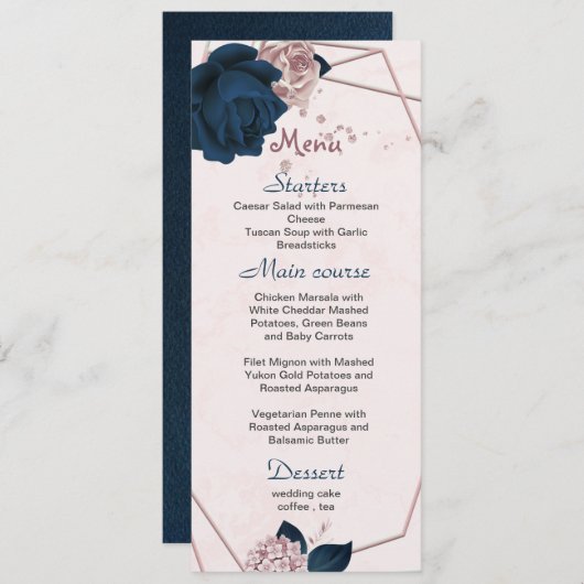 Dusty roos & Navy Flowers Geometrische bruiloft Menu (Voorkant / Achterkant)