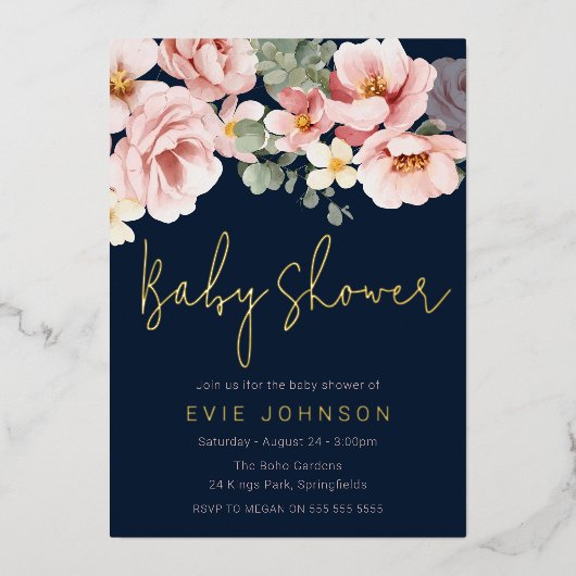 Dusty Roos & Navy Waterverf Baby shower Gold Folie Uitnodiging (Voorkant)