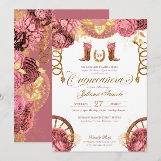 Dusty Roos Pink Gold Elegant Charro Quinceanera Kaart (Voorkant / Achterkant)