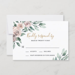 Dusty Roos Pink Mauve Gold Greenery Floral Wedding RSVP Kaartje
