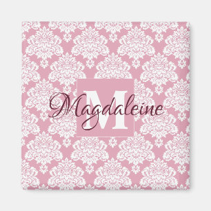 Dusty Roos Roze Damask Monogram met naam Magnet Magneet