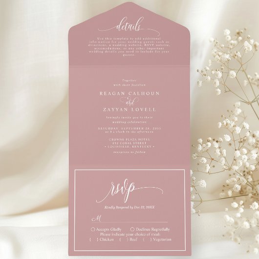 Dusty Roos Roze Eenvoudig Modern Script All In One Uitnodiging