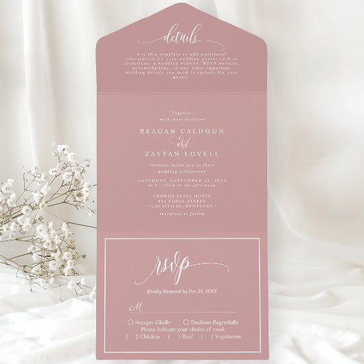 Dusty Roos Roze Eenvoudig Modern Script All In One Uitnodiging