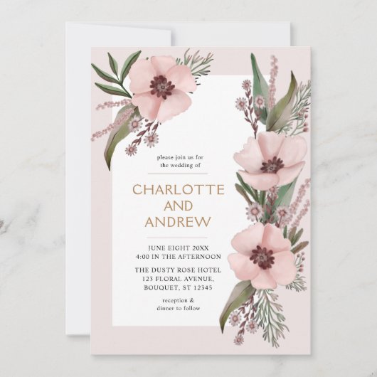 Dusty Roos roze en goudbloederige bruine bruiloft Kaart (Voorkant)