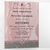 Dusty Roos Silk & Silver Foil & Pearls, Diamond Tr Drieluik Uitnodiging (Binnenzijde eerst)