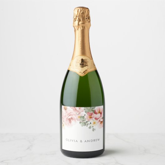 Dusty Roos Waterverf Floral Wedding Sparkling Wijnetiket (Voorkant)