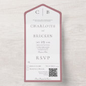 Dusty Roos & White Monogram Minimale QR-code All In One Uitnodiging (Binnen)