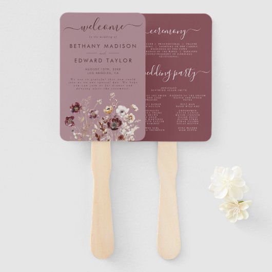 Dusty Roos Wildflower Wedding Program Handwaaier (Voorkant en achterkant)