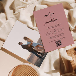 Dusty Roos & Zwart Script Foto QR Code Bruiloft Kaart